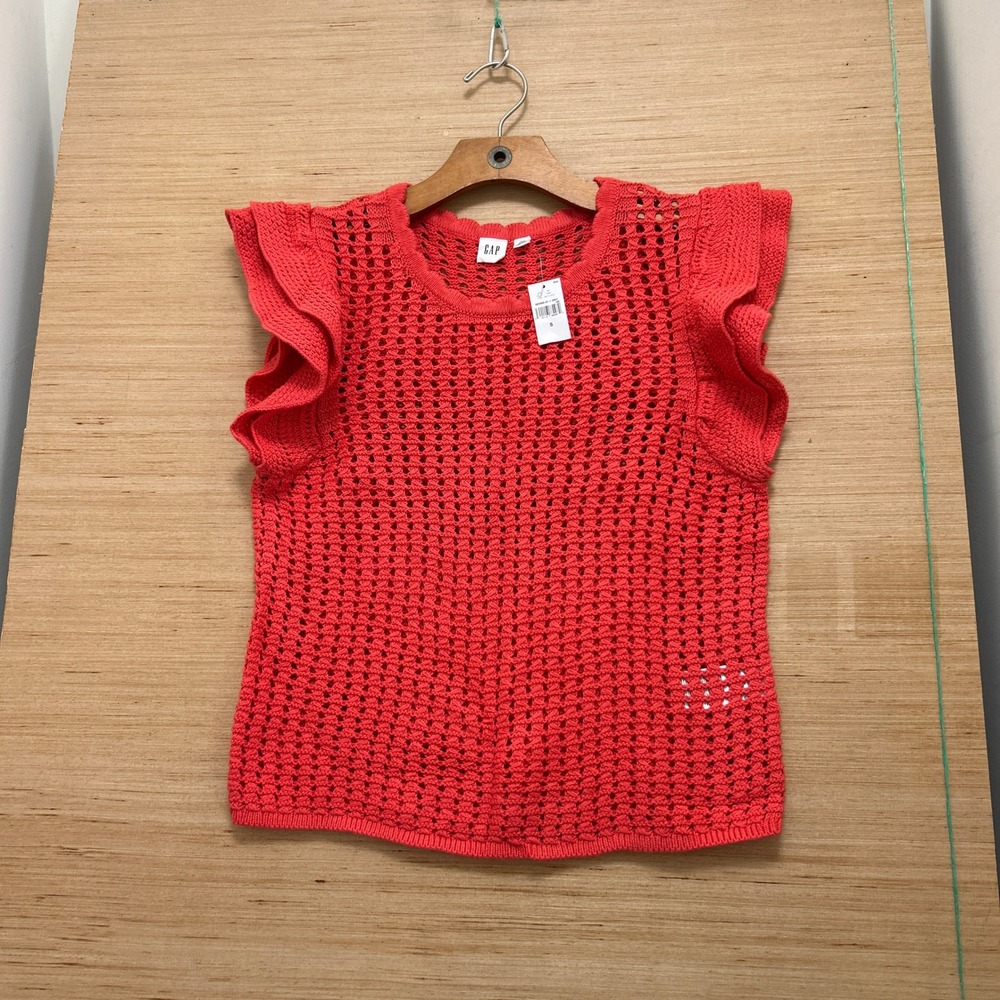 GAP Women Coral Pink Crochet Open Knit Ruffle Cap Sleeve Sweater Top Small NEW